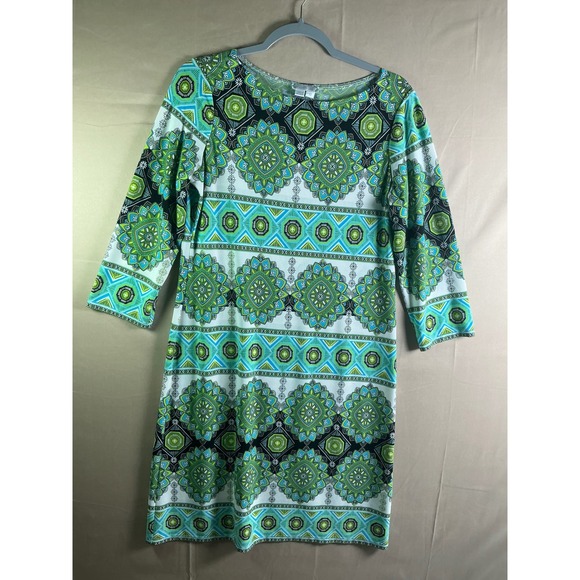London Times Womens Geometric Floral MedallionPrint Shift Dress Green Teal Sz 10 - Picture 3 of 9